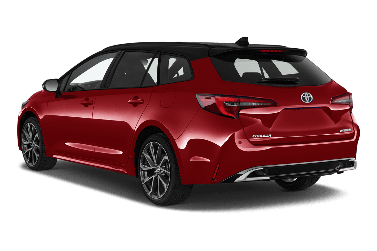 Schräge Heckansicht eines Toyota Corolla Touring Sports Hybrid, freigestellt