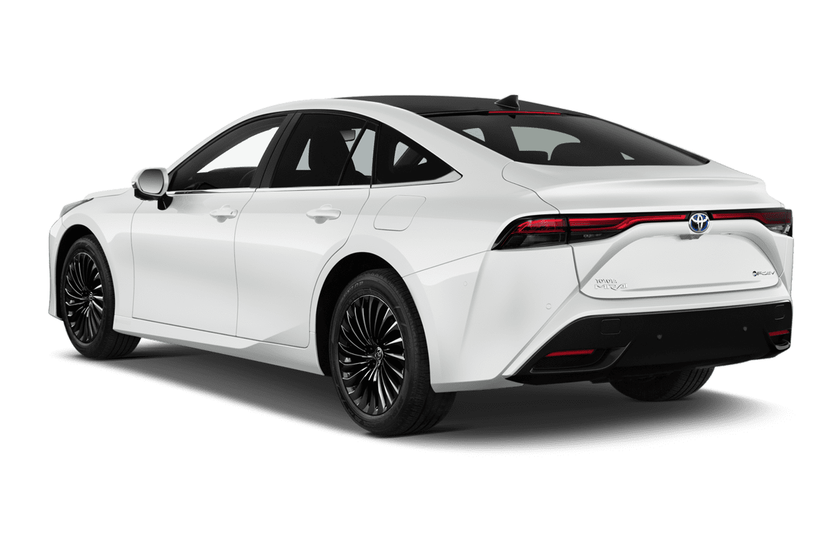 Schräge Heckansicht eines Toyota Mirai, freigestellt
