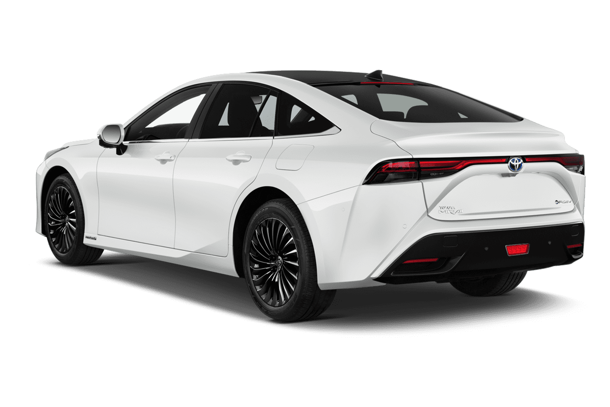 Schräge Heckansicht eines Toyota Mirai, freigestellt