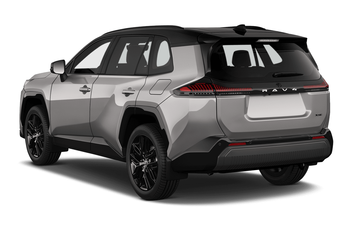 Schräge Heckansicht eines Toyota RAV4 Hybrid (neues Modell), freigestellt