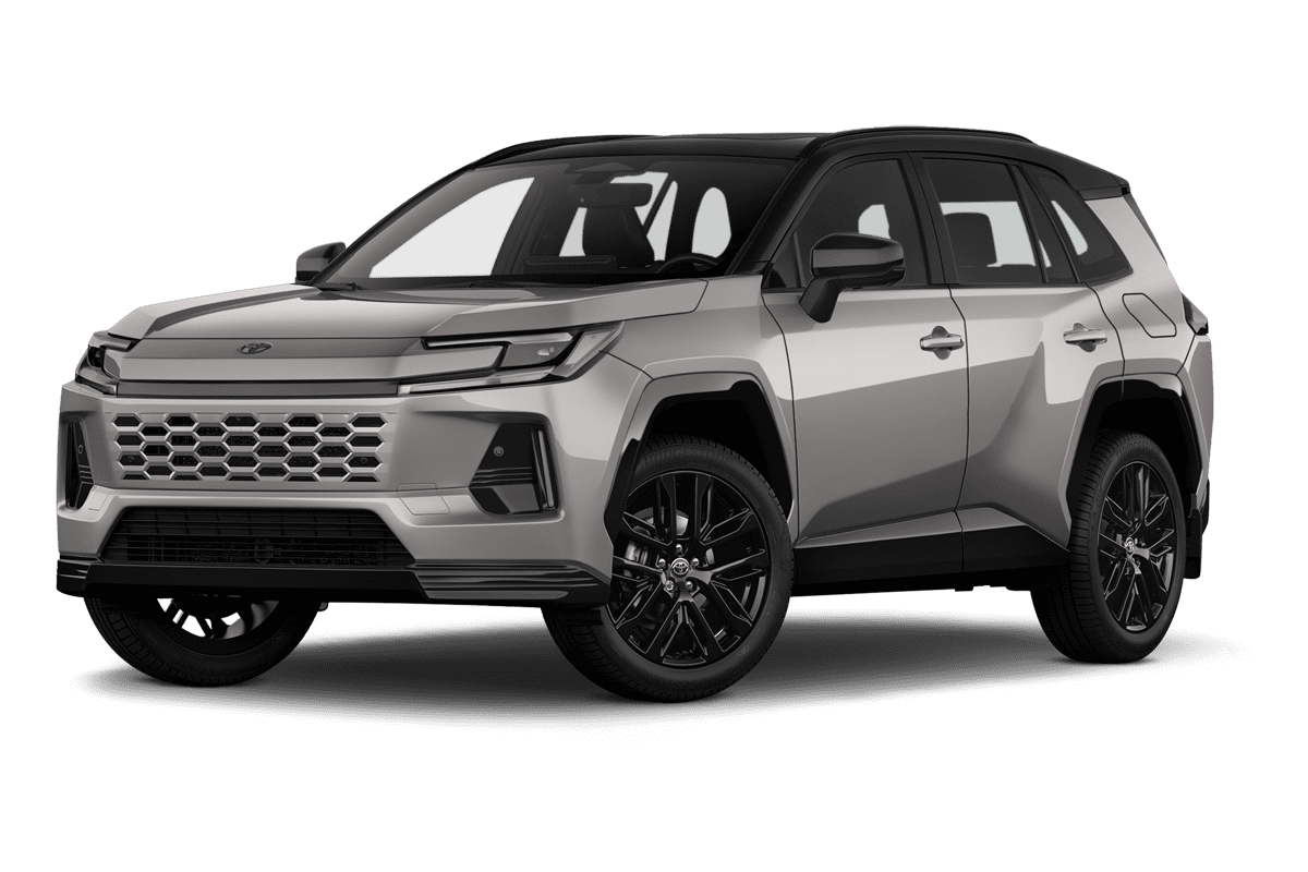 Tiefe, schräge Heckansicht eines Toyota RAV4 Hybrid (neues Modell), freigestellt