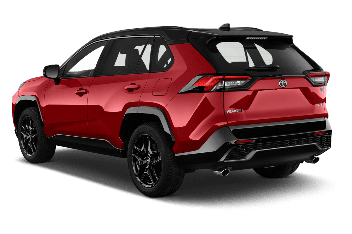 Schräge Heckansicht eines Toyota RAV4 Hybrid, freigestellt