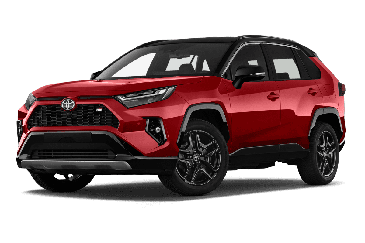 Tiefe, schräge Heckansicht eines Toyota RAV4 Hybrid, freigestellt