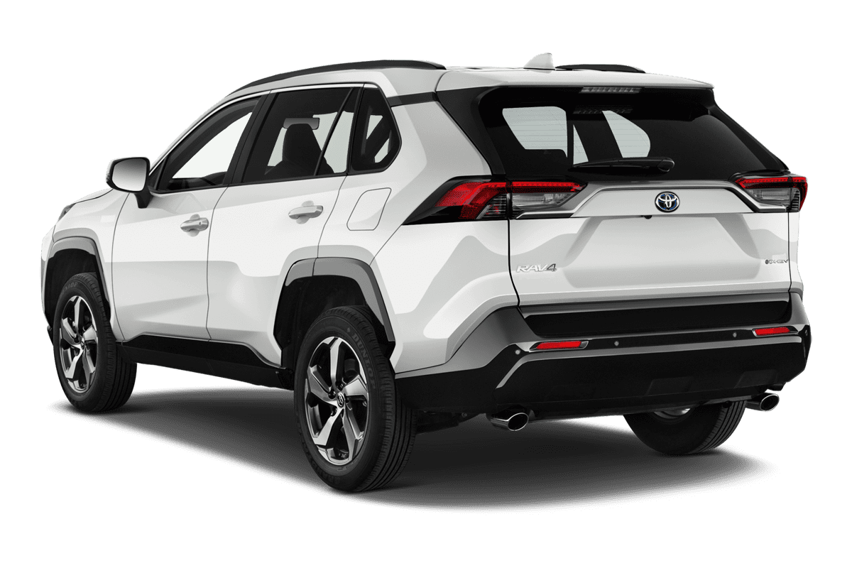 Schräge Heckansicht eines Toyota RAV4 Plug-In-Hybrid, freigestellt