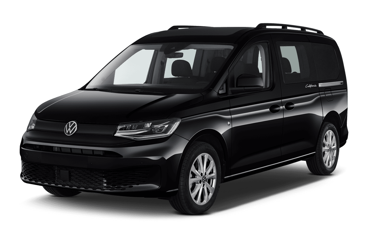Schräge Frontansicht auf einen Volkswagen Caddy, freigestellt