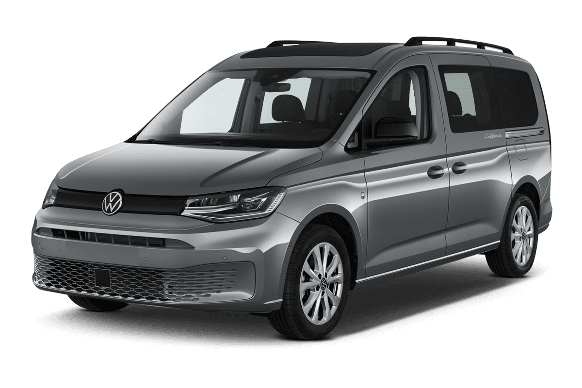 Schräge Frontansicht auf einen Volkswagen Caddy, freigestellt