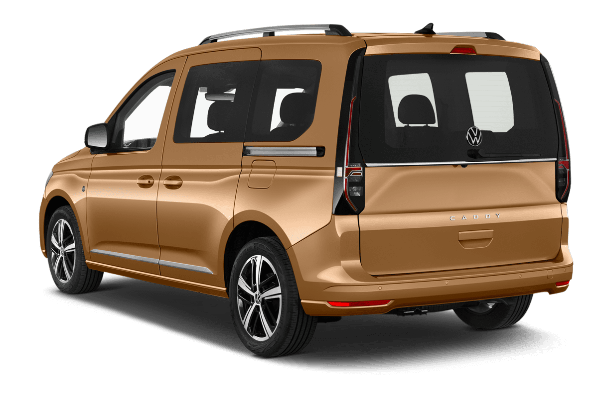 Schräge Heckansicht eines VW Caddy Plug-in-Hybrid ENERGY, freigestellt