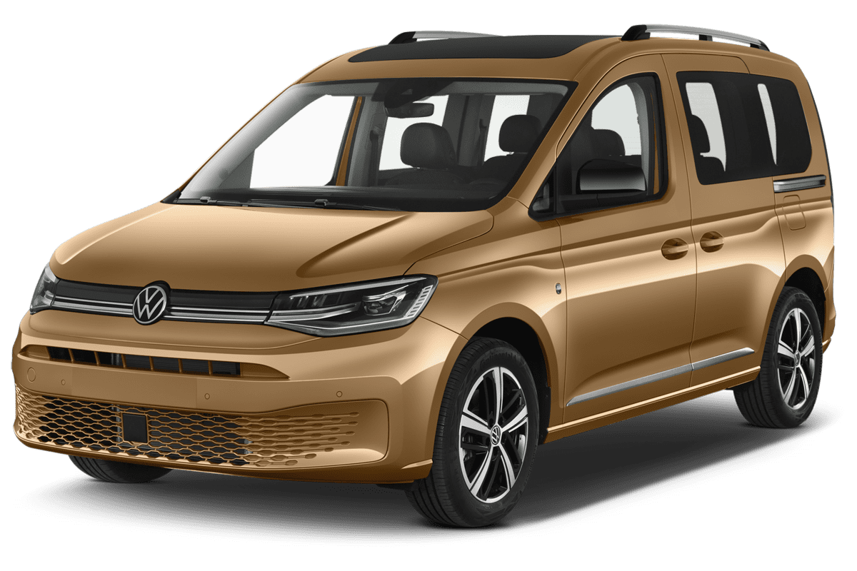 Schräge Frontansicht eines VW Caddy Maxi GOAL , freigestellt