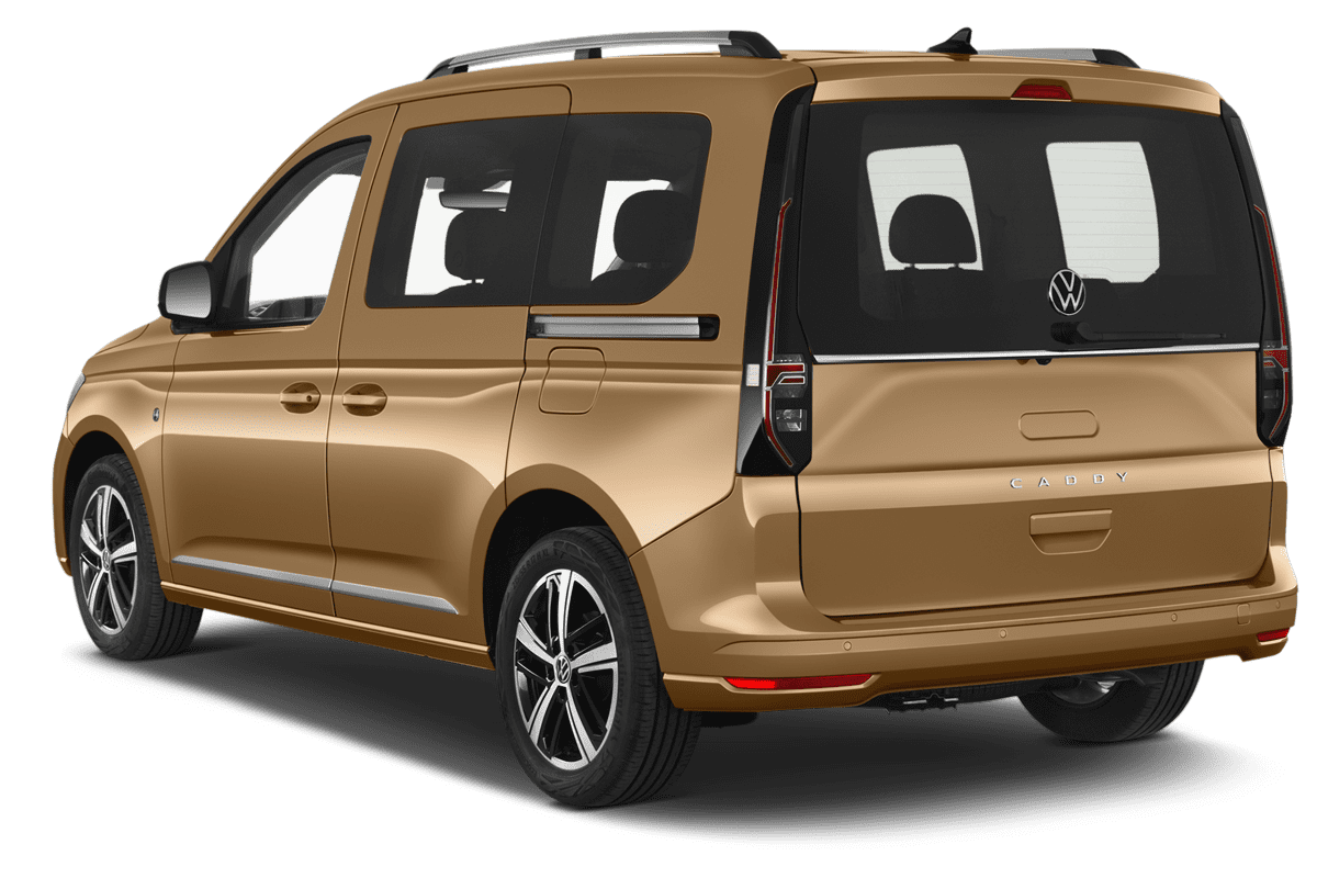 Schräge Heckansicht eines VW Caddy Maxi GOAL , freigestellt