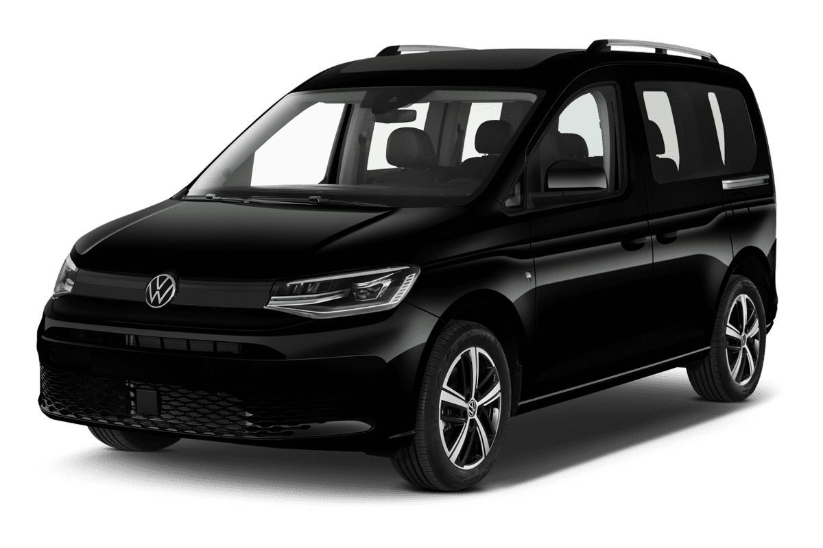 Schräge Frontansicht eines VW Caddy, freigestellt