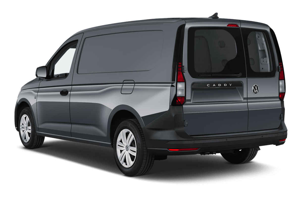 Schräge Heckansicht eines VW Caddy Cargo, freigestellt