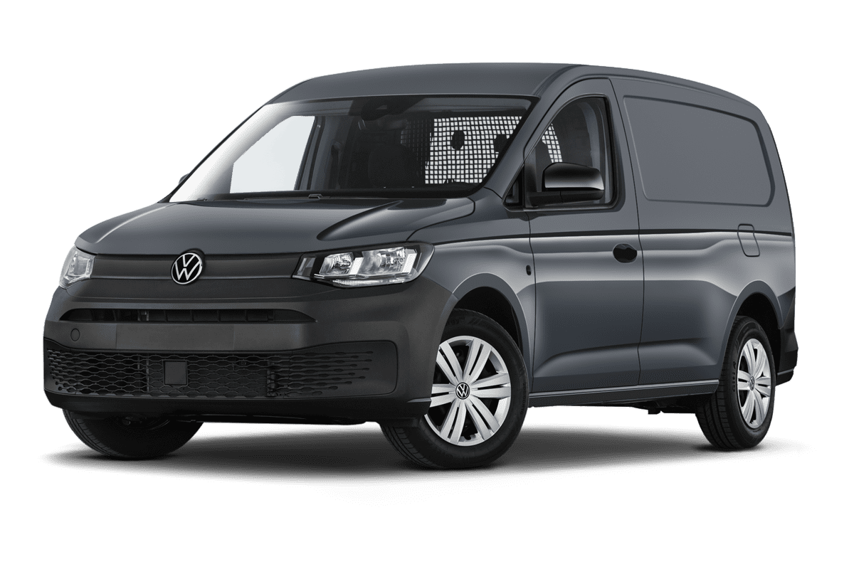 Tiefe, schräge Heckansicht eines VW Caddy Cargo, freigestellt