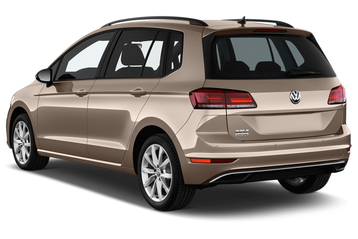 Schräge Heckansicht eines VW Golf Sportsvan, freigestellt