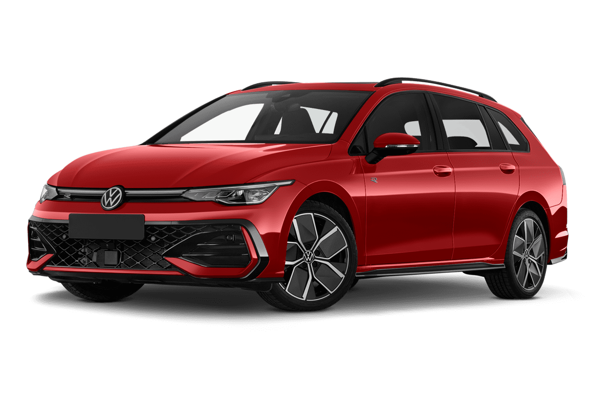 Tiefe, schräge Heckansicht eines VW Golf 8 Variant , freigestellt