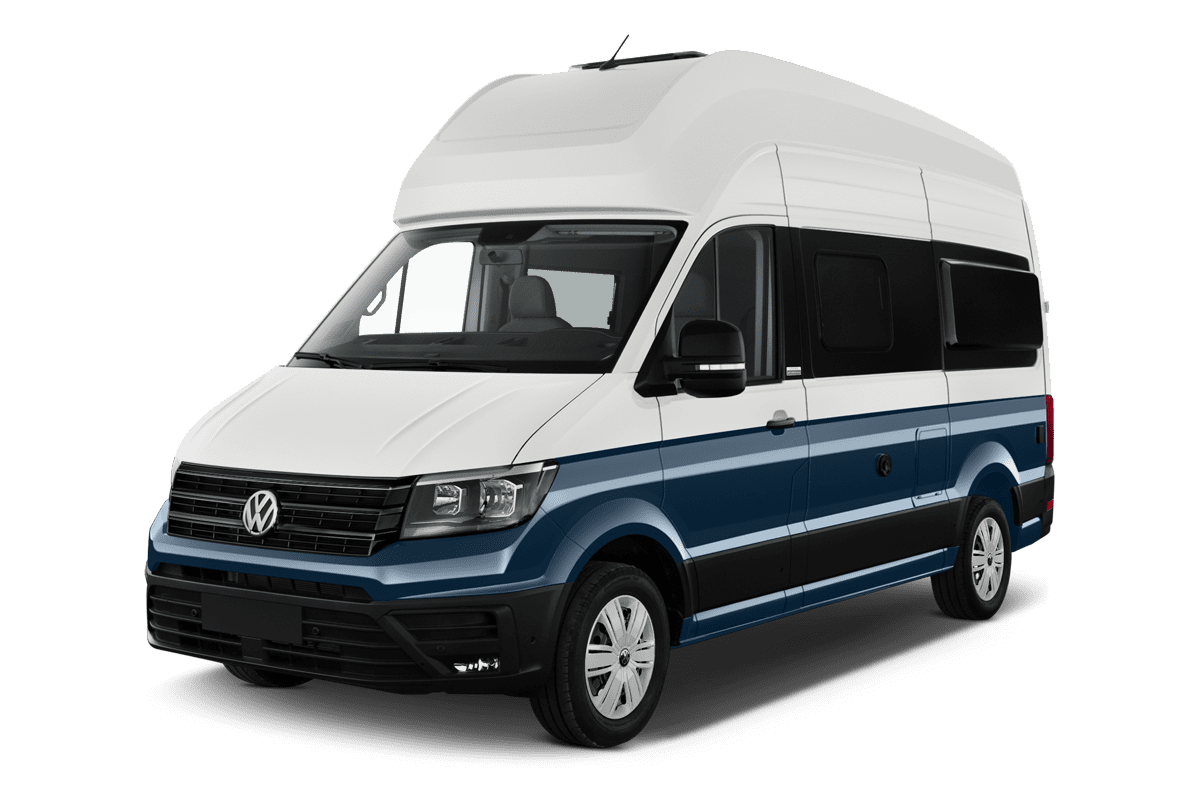 Schräge Frontansicht eines VW Grand California , freigestellt