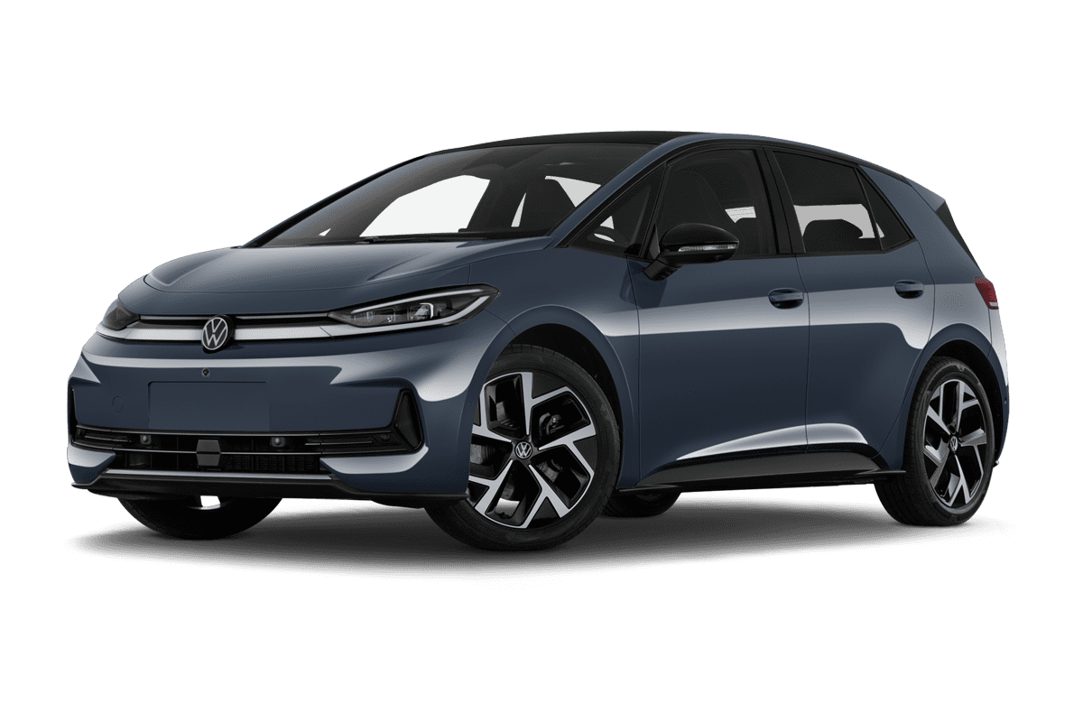 Tiefe, schräge Heckansicht eines VW ID.3 Neo, freigestellt (KI-generiert)