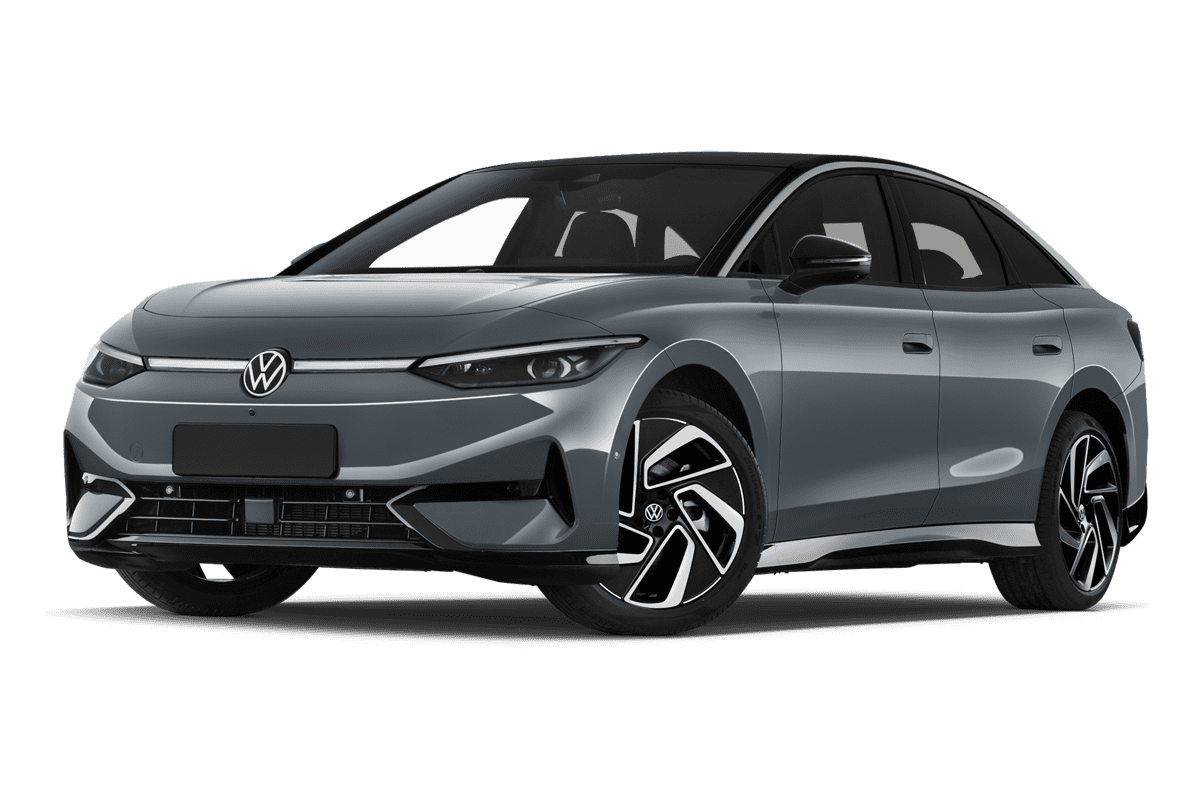 Tiefe, schräge Heckansicht eines VW ID.7 , freigestellt