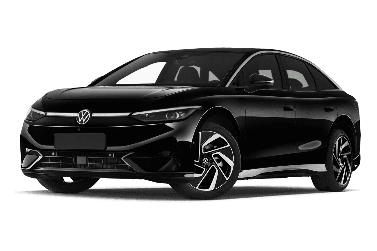 Tiefe, schräge Heckansicht eines VW ID.7 , freigestellt