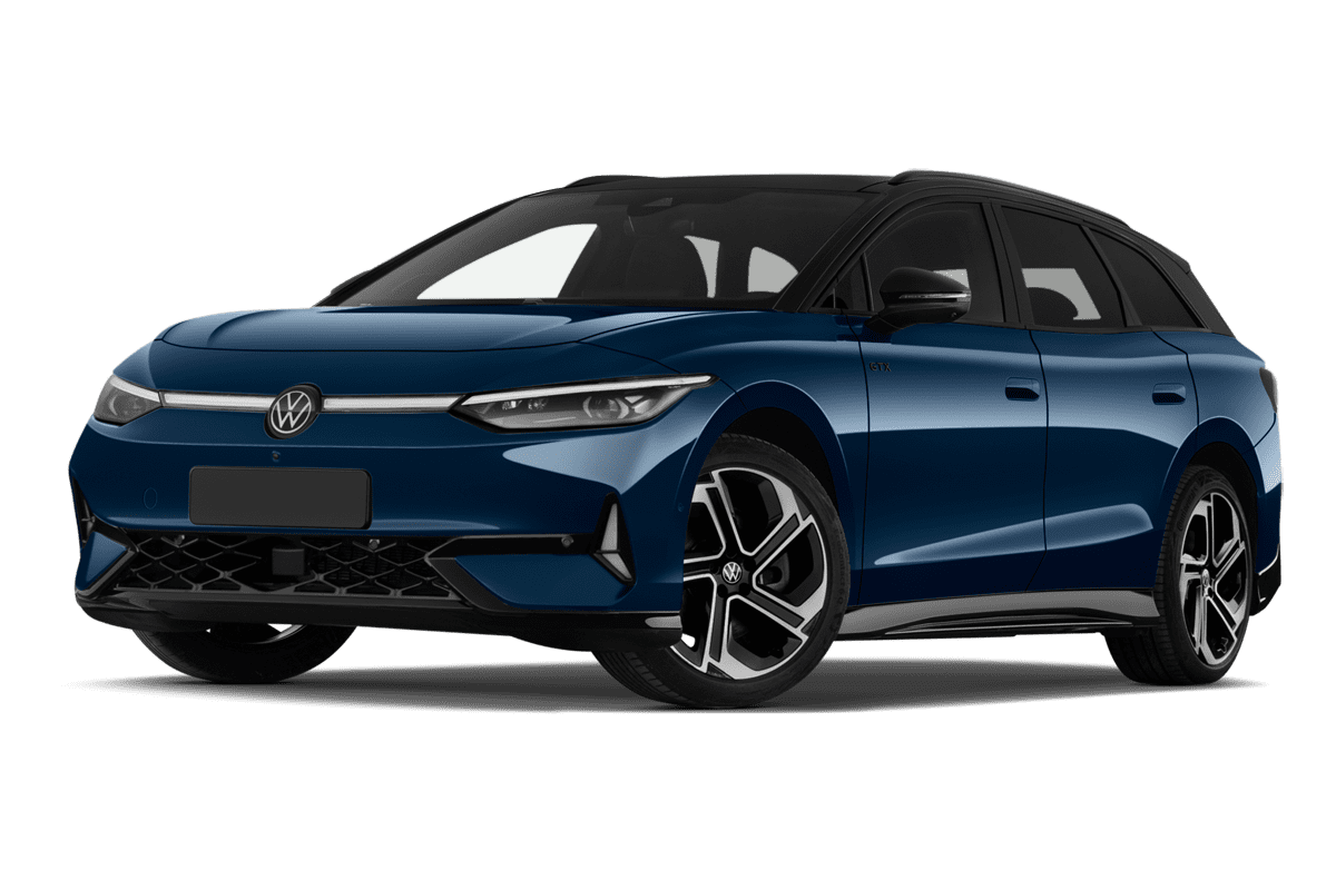 Tiefe, schräge Heckansicht eines VW ID.7 Tourer , freigestellt