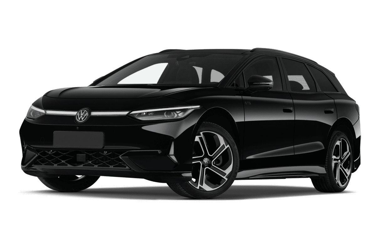 Tiefe, schräge Heckansicht eines VW ID.7 Tourer , freigestellt