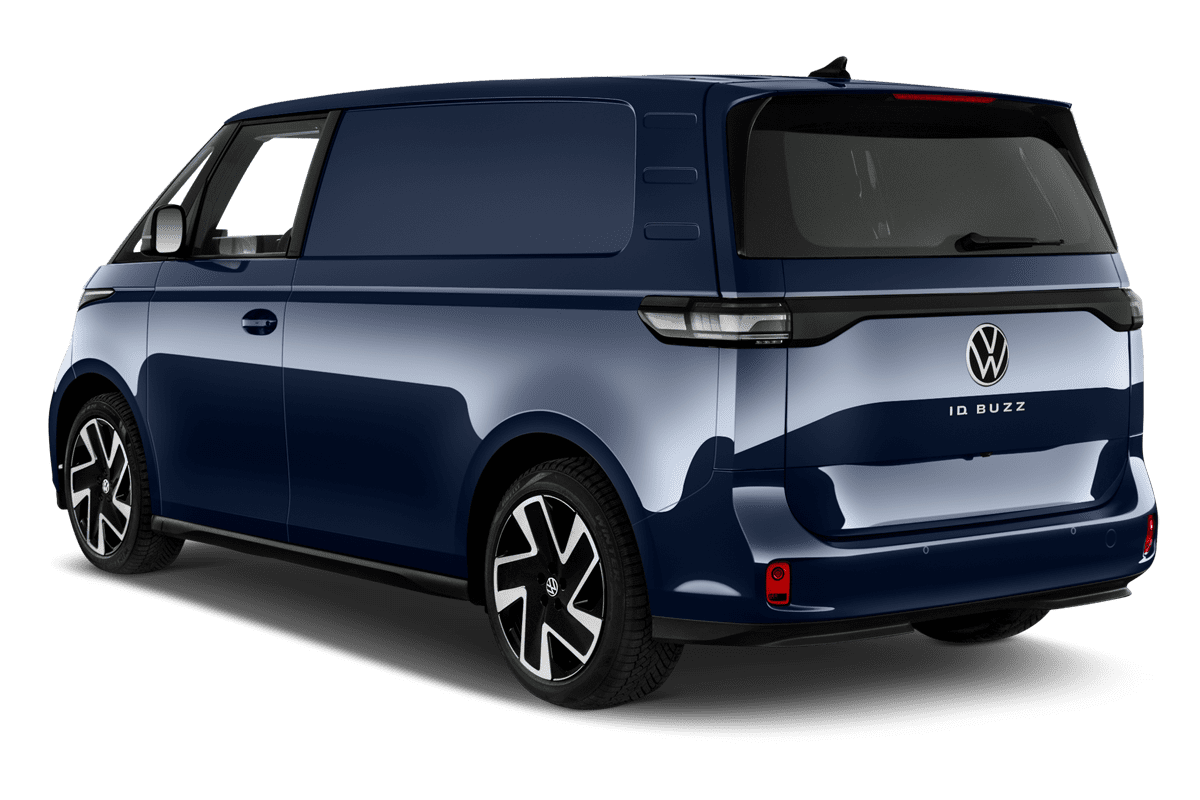 Schräge Heckansicht eines VW ID. Buzz Cargo, freigestellt