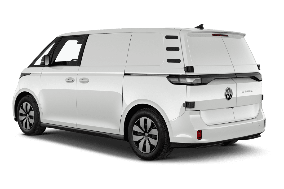 Schräge Heckansicht eines VW ID. Buzz Cargo, freigestellt
