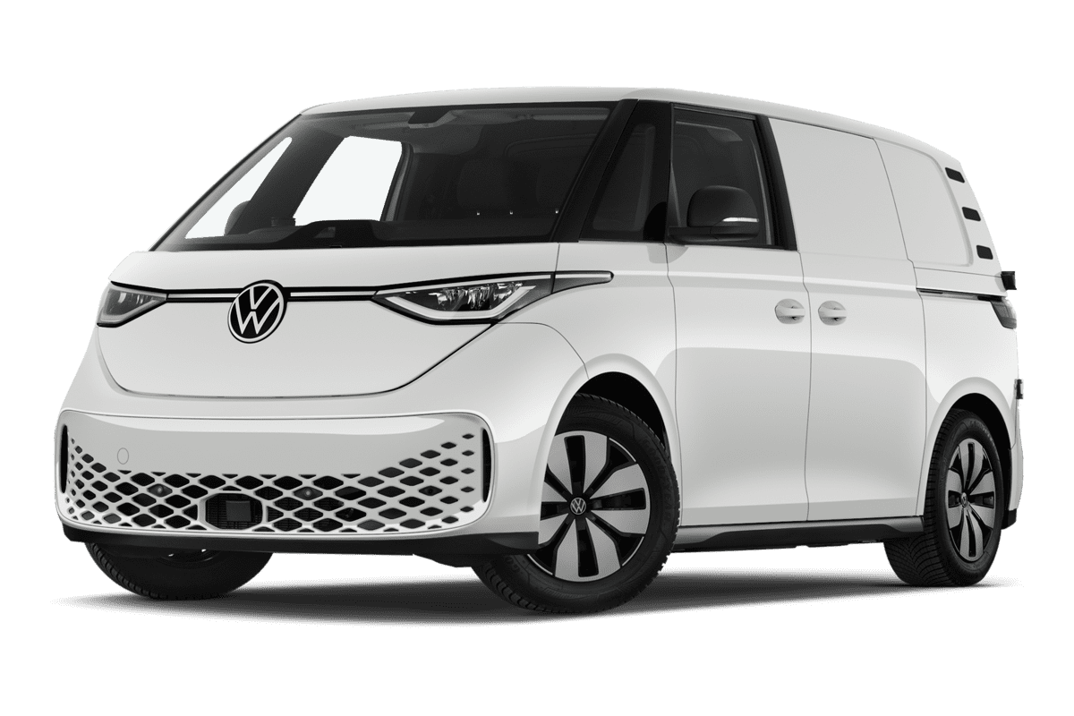 Tiefe, schräge Heckansicht eines VW ID. Buzz Cargo, freigestellt