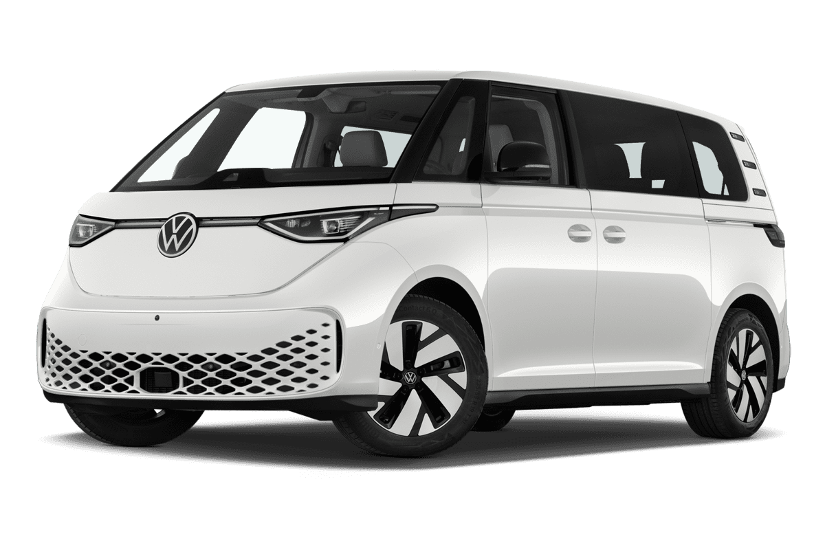 Tiefe, schräge Heckansicht eines VW ID. Buzz, freigestellt
