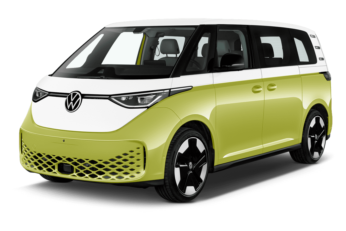 Schräge Frontansicht eines VW ID. Buzz, freigestellt