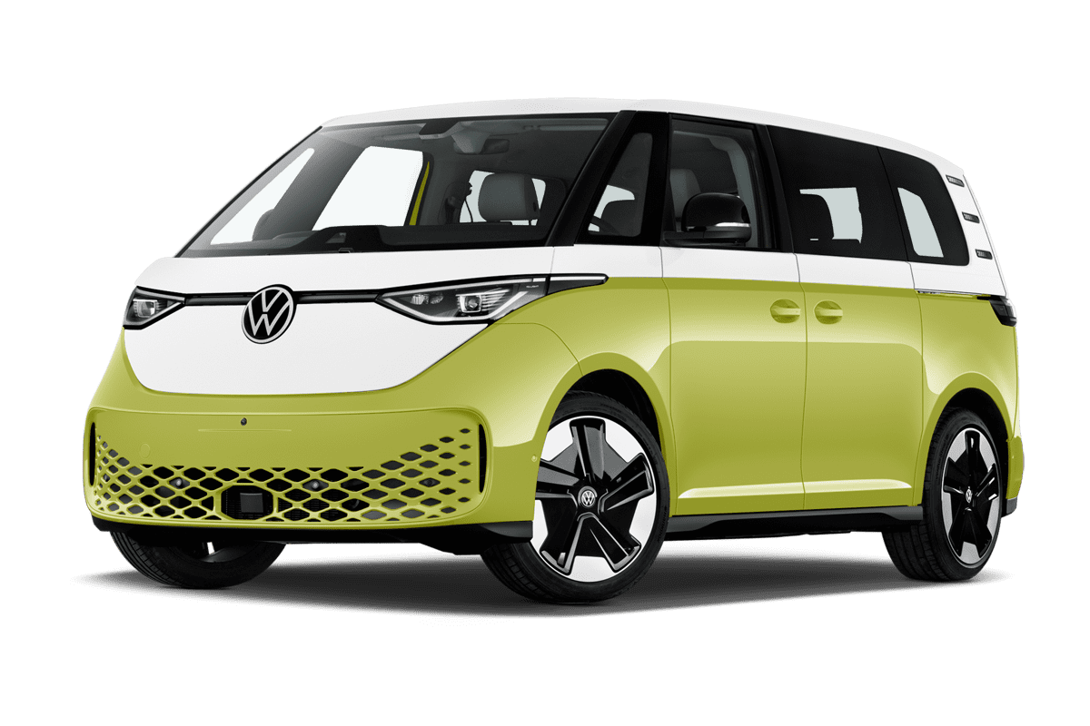 Tiefe, schräge Heckansicht eines VW ID. Buzz, freigestellt