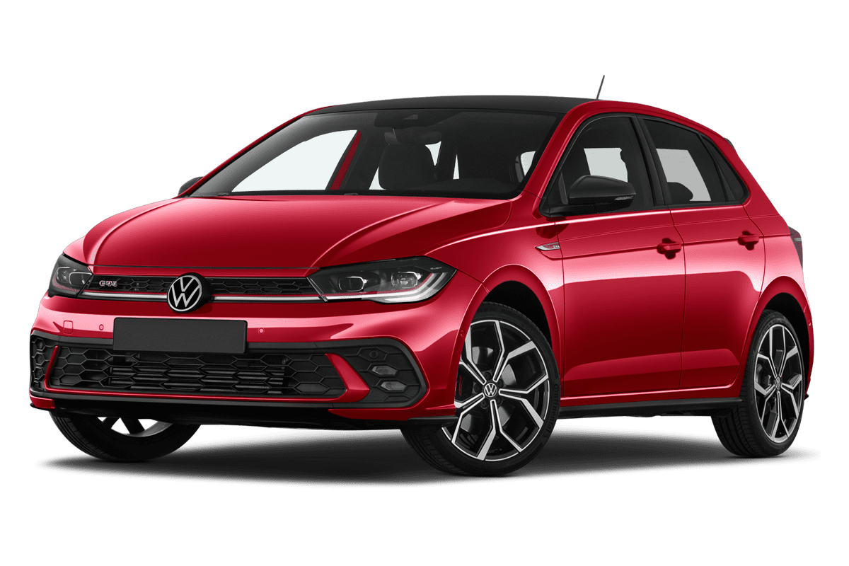 Tiefe, schräge Heckansicht eines VW Polo GTI, freigestellt