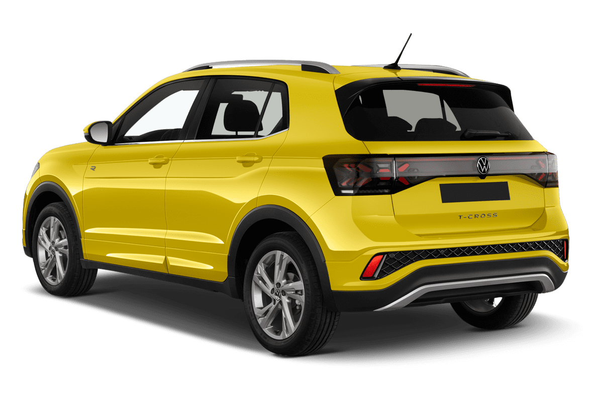 Schräge Heckansicht eines VW T-Cross GOAL , freigestellt