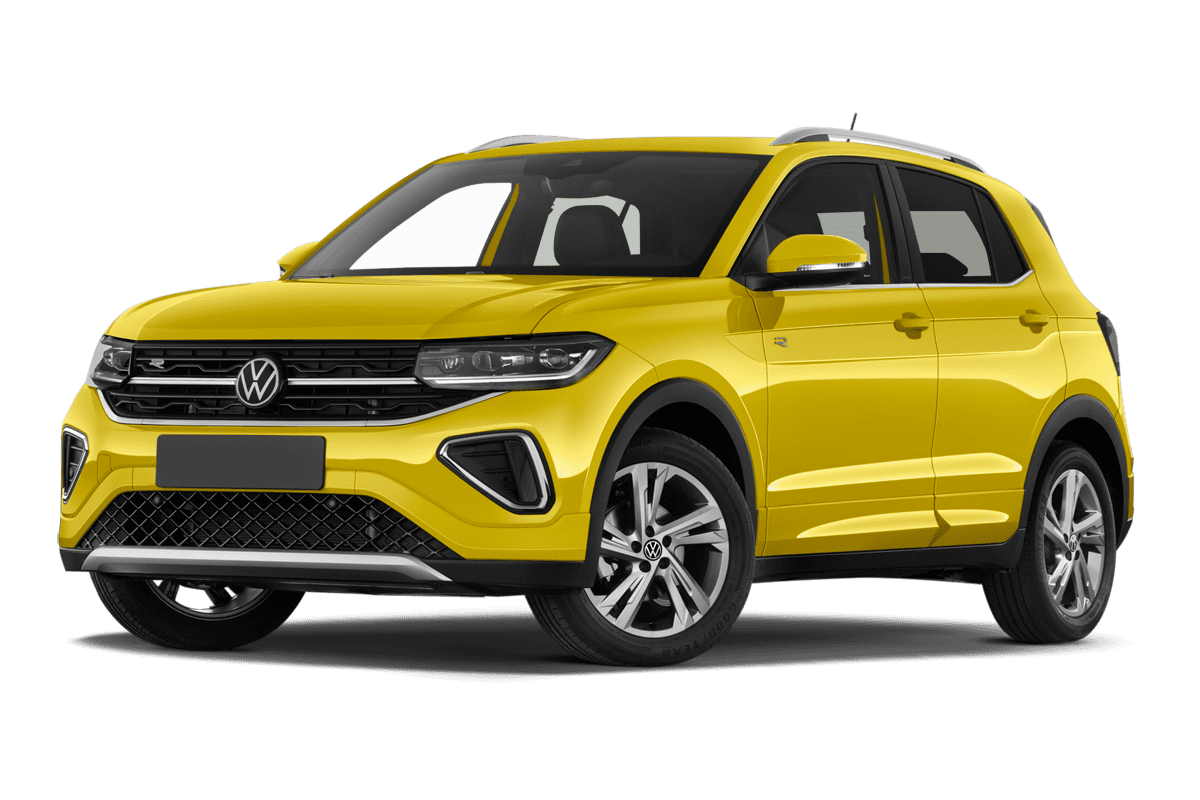 Tiefe, schräge Heckansicht eines VW T-Cross GOAL , freigestellt