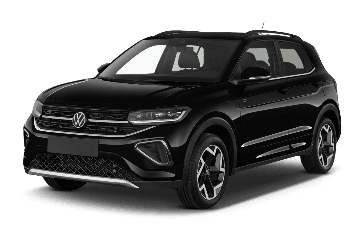 Schräge Frontansicht auf einen Volkswagen T-Cross, freigestellt