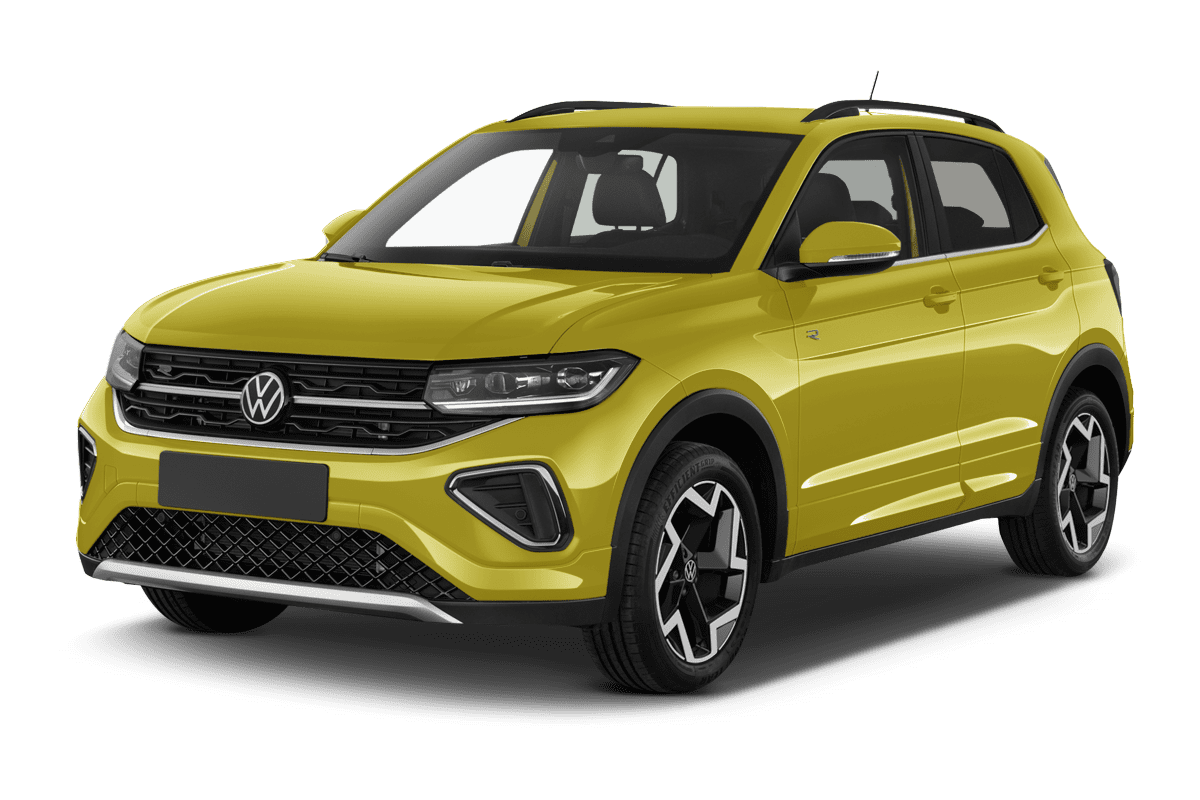Schräge Frontansicht auf einen Volkswagen T-Cross, freigestellt