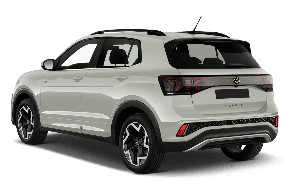 Schräge Heckansicht eines VW T-Cross, freigestellt