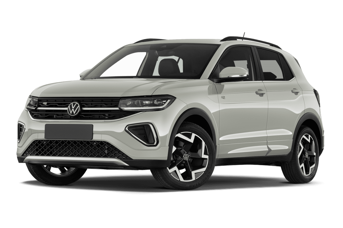 Tiefe, schräge Heckansicht eines VW T-Cross, freigestellt