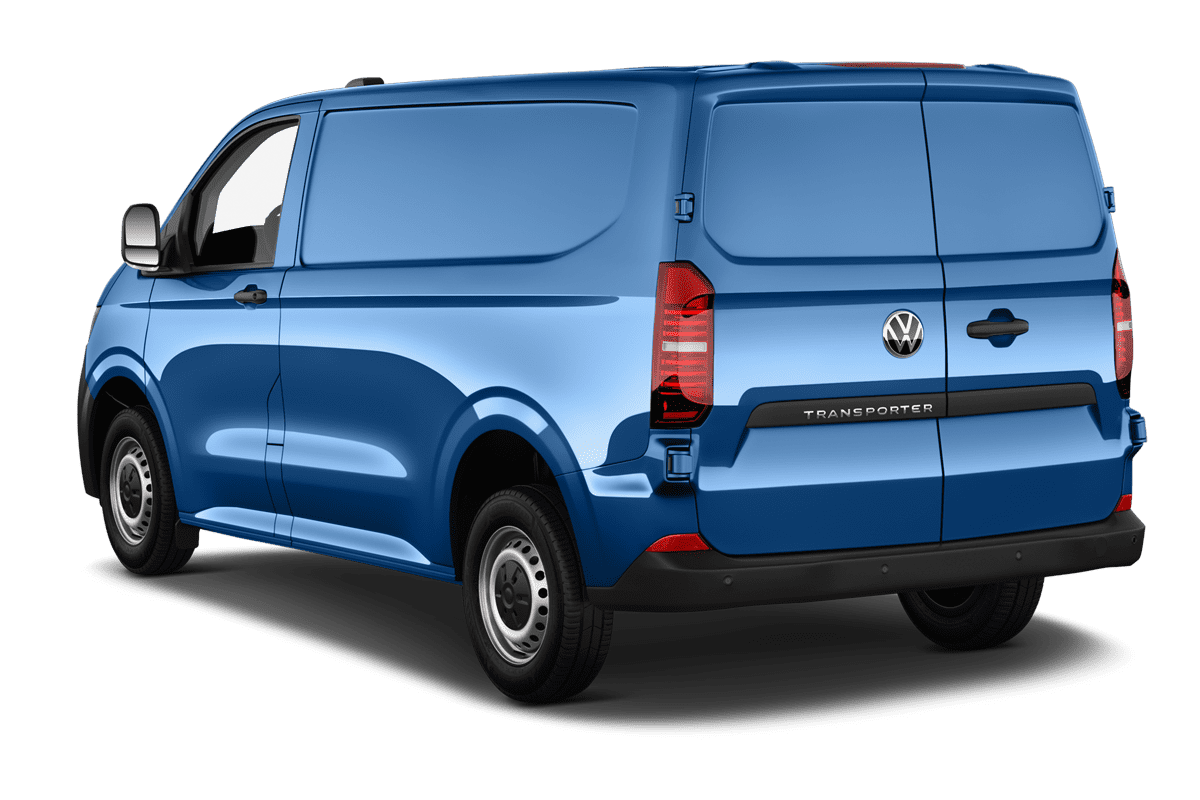 Schräge Heckansicht eines VW Transporter Kastenwagen , freigestellt