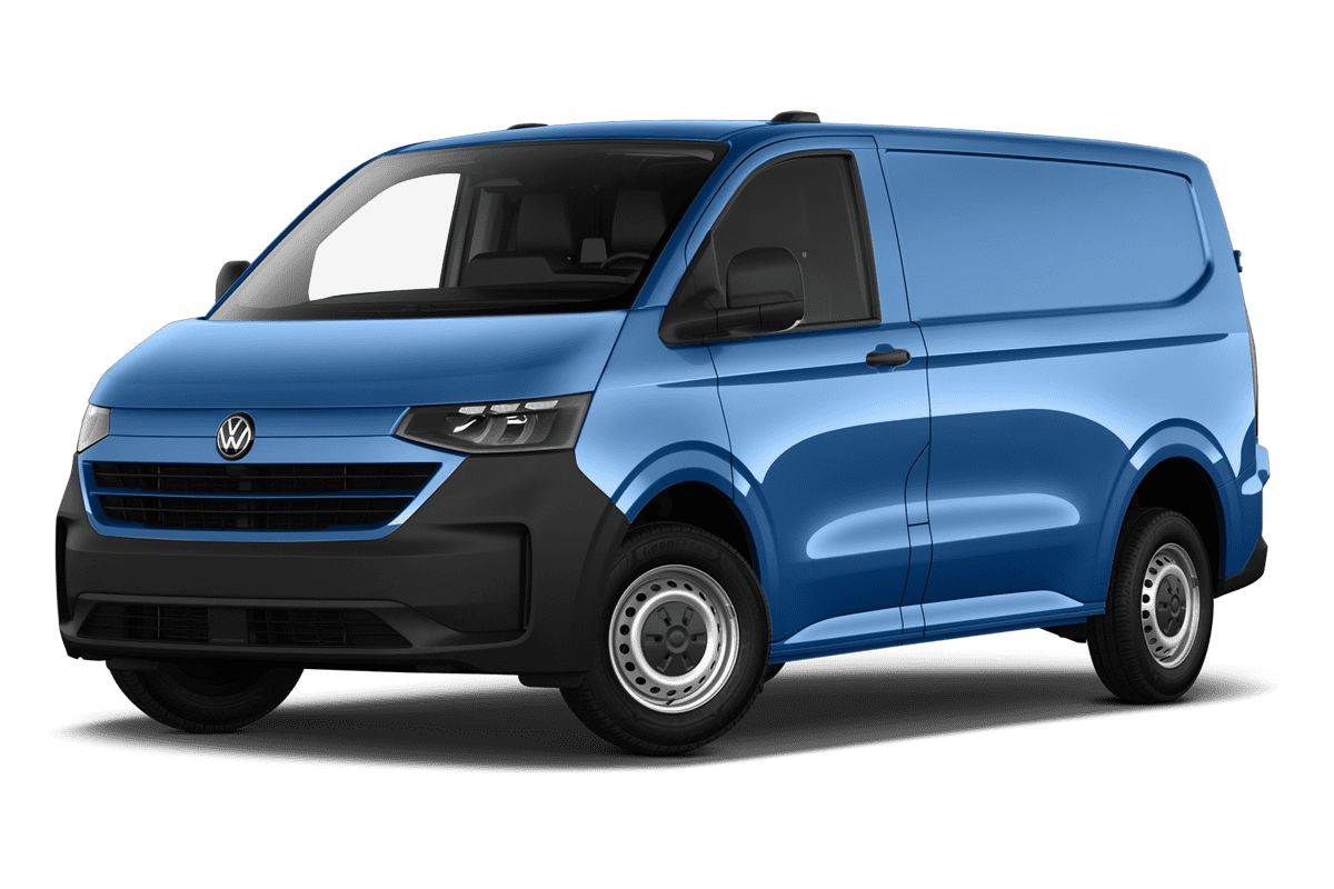 Tiefe, schräge Heckansicht eines VW Transporter Kastenwagen , freigestellt