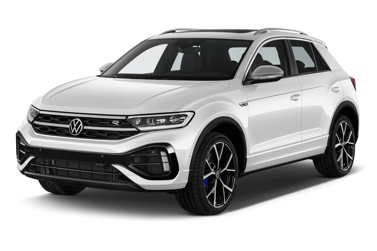 Schräge Frontansicht auf einen Volkswagen T-Roc, freigestellt