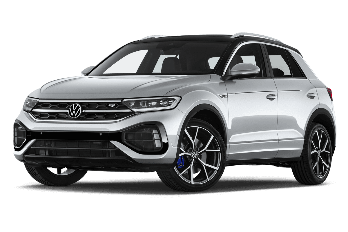 Tiefe, schräge Heckansicht eines VW T-Roc R, freigestellt