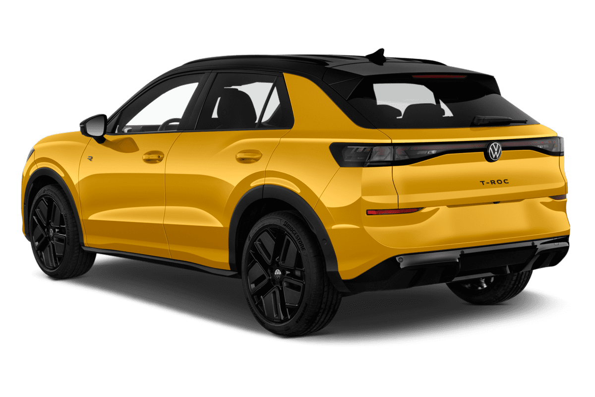 Schräge Heckansicht eines VW T-Roc R, freigestellt