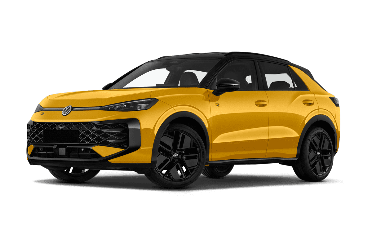 Tiefe, schräge Heckansicht eines VW T-Roc R, freigestellt