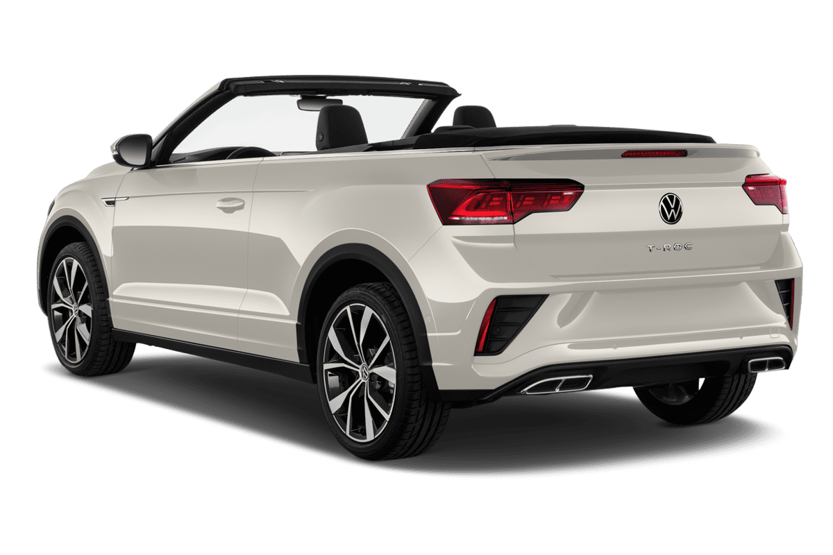 Schräge Heckansicht eines VW T-Roc Cabriolet , freigestellt