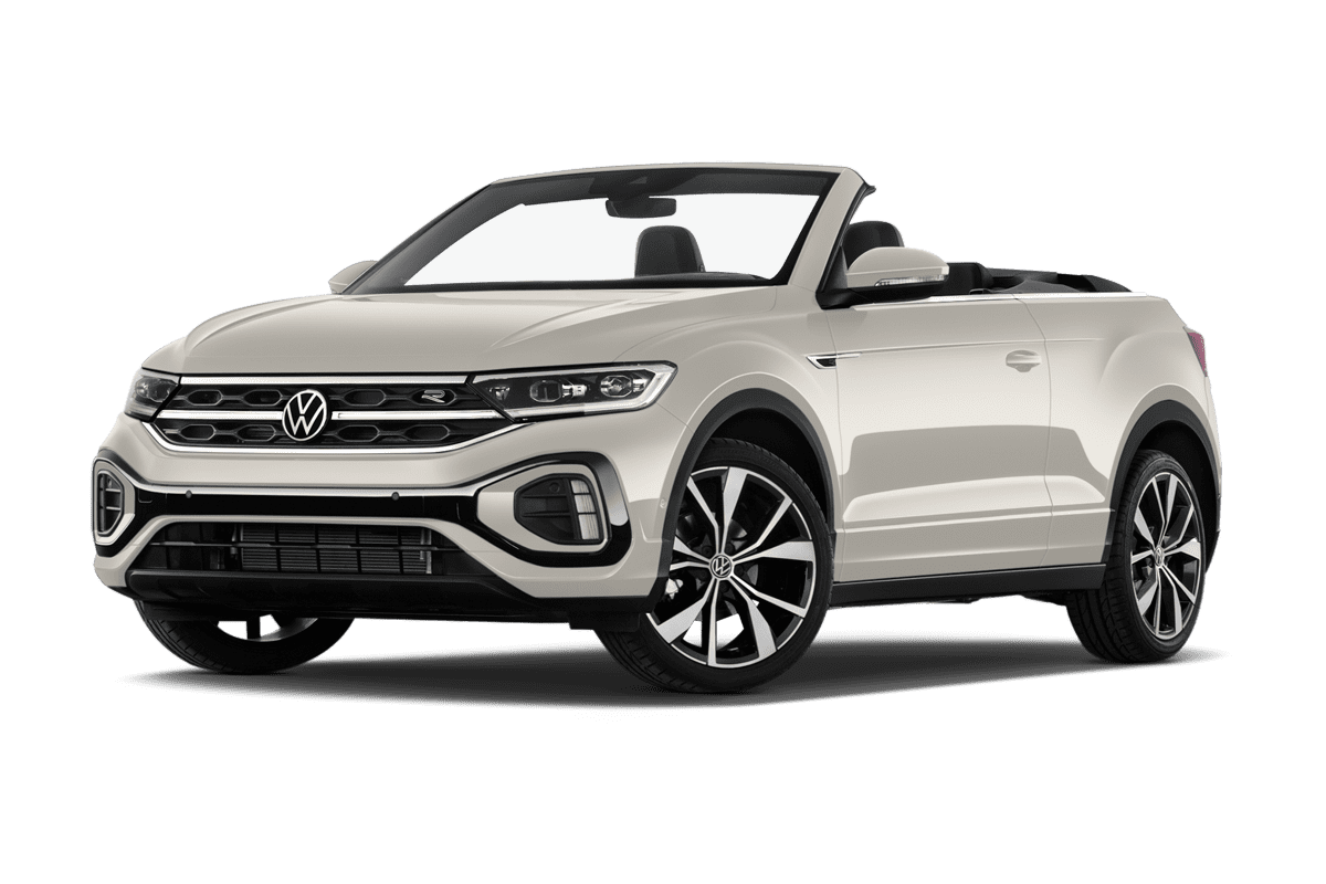 Tiefe, schräge Heckansicht eines VW T-Roc Cabriolet , freigestellt