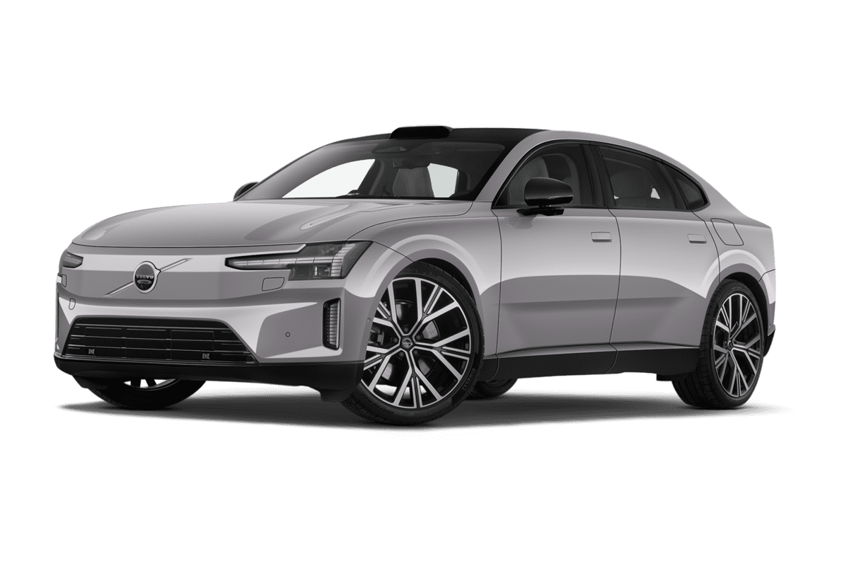 Tiefe, schräge Heckansicht eines Volvo ES90, freigestellt