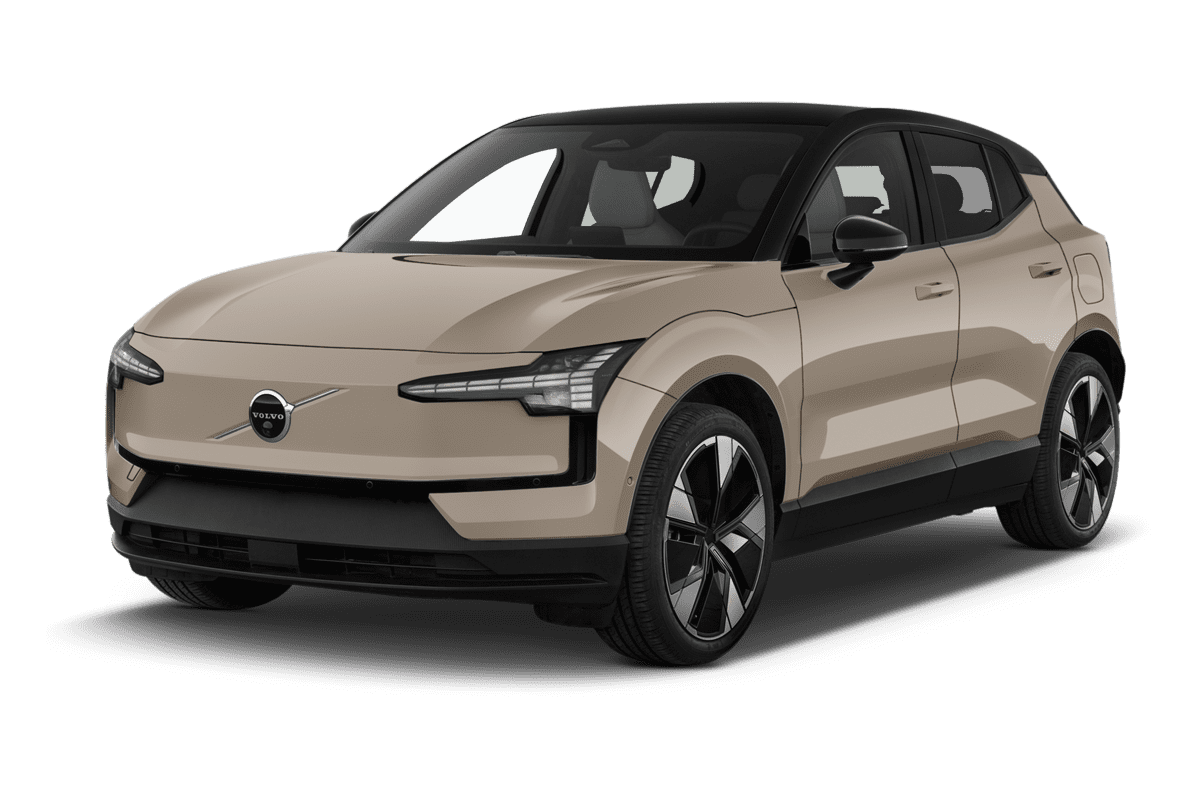 Schräge Frontansicht eines Volvo EX30, freigestellt