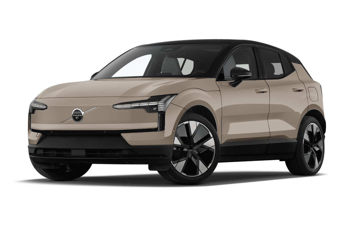 Tiefe, schräge Heckansicht eines Volvo EX30, freigestellt