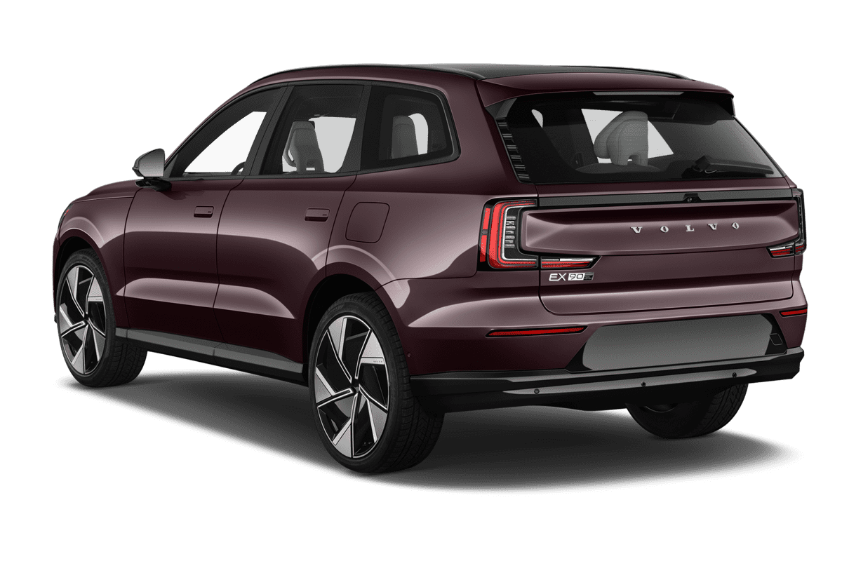 Schräge Heckansicht eines Volvo EX90, freigestellt