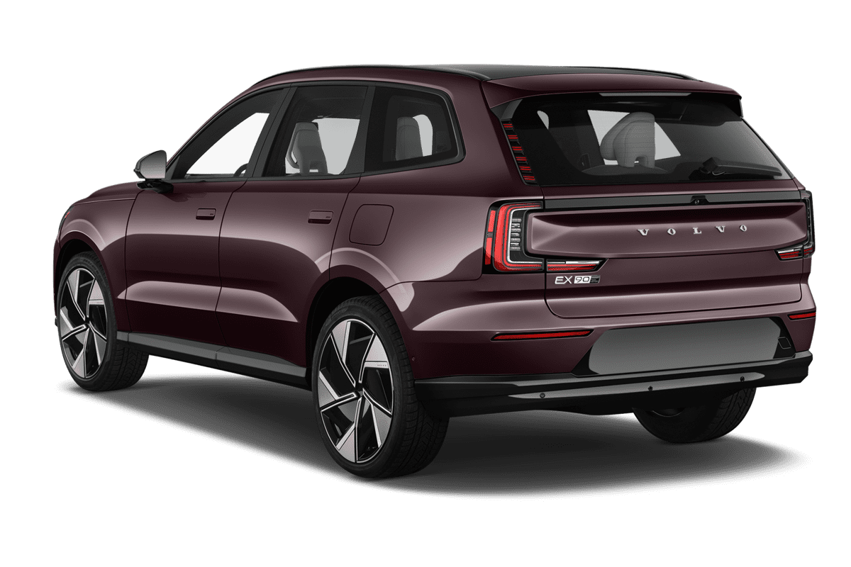 Schräge Heckansicht eines Volvo EX90, freigestellt (KI-generiert)